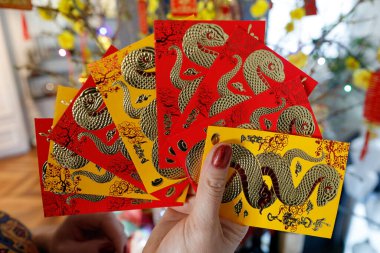 Çin ve Vietnam 'ın yeni yıl kutlamaları için kırmızı zarflı Asyalı kadın. Kırmızı renk iyi şansın sembolüdür. Yılan Yılı.