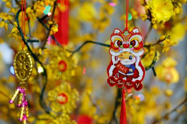 Çin Yeni Yılı. Vietnam Tet kutlaması için süslenmiş sarı ağaç. Evde din var..