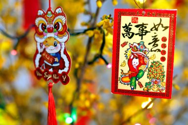 Çin Yeni Yılı. Vietnam Tet kutlaması için süslenmiş sarı ağaç. Evde din var..