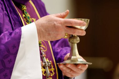 Katolik kilisesi. Pazar ayini sırasında ayin var. Aziz Pierre ve Paul Kilisesi. Aziz Julien en Genevois. Fransa.