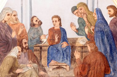 Aziz Jean Baptiste Kilisesi. İsa, hukuk öğretmenleriyle konuşur. F Mucengo 'nun duvar resmi. Melife. Fransa..