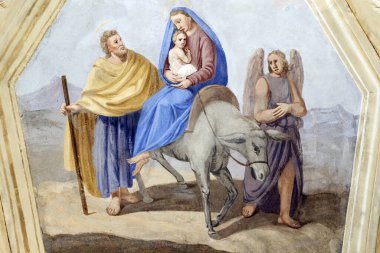 Aziz Jean Baptiste Kilisesi. Mısır 'a Uçuş. Kutsal Aile. F Mucengo 'nun duvar resmi. Melife. Fransa..