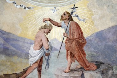 Aziz Jean Baptiste Kilisesi. Vaftizci Yahya 'nın İsa' nın vaftiz töreni. F Mucengo 'nun duvar resmi. Melife. Fransa..