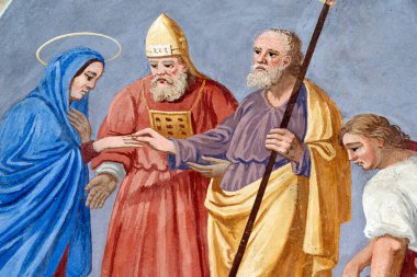 Aziz Jean Baptiste Kilisesi. Joseph 'le Bakire' nin Düğünü. F Mucengo 'nun duvar resmi. Melife. Fransa..