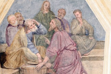 Aziz Jean Baptiste Kilisesi. - Tanrım! Ayakların yıkanması. F Mucengo 'nun duvar resmi. Melife. Fransa..