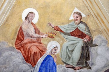 Aziz Jean Baptiste Kilisesi. Cennetteki Bakire Taç Giyme Töreni. F Mucengo 'nun duvar resmi. Melife. Fransa..