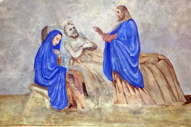 Aziz Jean Baptiste Kilisesi. Duvar resmi. Aziz Yusuf 'un ölümü, Kutsal Bakire ve İsa tarafından kuşatılmıştı. F Mucengo' nun duvar resmi. Melife. Fransa..