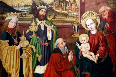 Ulusal Müze. İsa 'nın Doğuşu. Üç bilge adam ya da büyücü tarafından Çocuk İsa 'ya tapma. Striegau 'daki Knights Hastanesi' nden 1486 köknar ağacı paneli. Varşova. Polonya.