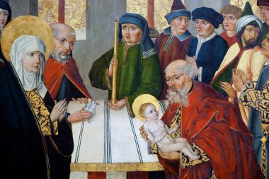 Ulusal Müze. Tapınakta İsa 'nın sunumu. Striegau 'daki Knights Hastanesi' nden 1486 köknar ağacı paneli. Varşova. Polonya.