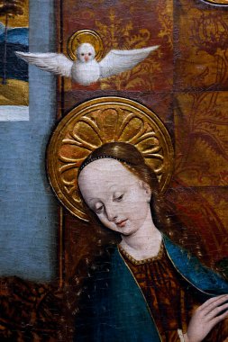 Ulusal Müze. Bu duyuru, Cebrail 'in Bakire Meryem' e İsa 'nın annesi olacağını duyurmasıdır. Wroclaw 1500. Çam ağacı panelleri. Varşova. Polonya.