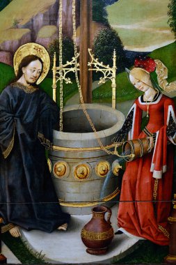 Ulusal Müze. İsa ve Yakup 'un kuyusundaki Samiriyeli kadın. Kudüs üç parçalı. 1497-150O. Gdansk 'taki Bayan Kilisemiz. Varşova. Polonya.