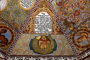 Polonyalı Yahudilerin Tarihi Müzesi. Gwozdziec Sinagogu 'ndan Kasa ve Bimah yeniden inşa edildi. Levianthalılar Kudüs 'ün etrafını sardı. Varşova. Polonya.