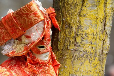Geleneksel maske ve kostüm giyen kadın. Annecy, Haute Savoie, Fransa Yıllık Venedik Karnavalı.