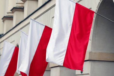 Polonya bayrağı eşit alana sahip iki yatay beyaz ve kırmızı şeritten oluşur. Varşova. Polonya.