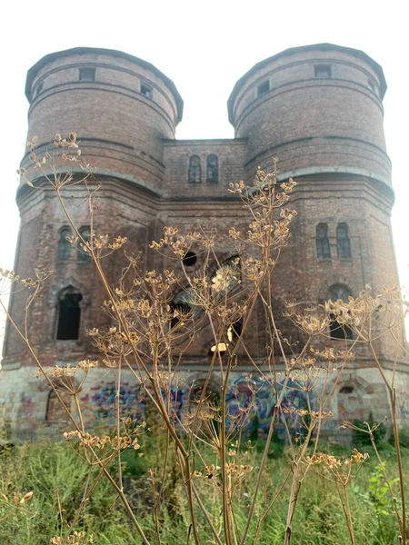 Der Turm Der Wasserstation Mit Trockenen Blumen — Stockfoto