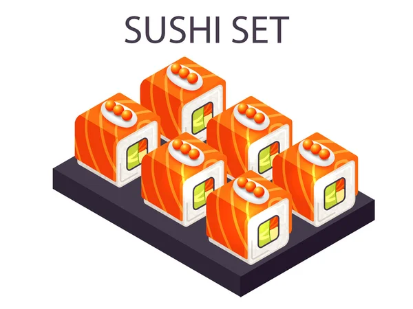 Salmón sushi roll set vector isométrico — Vector de stock