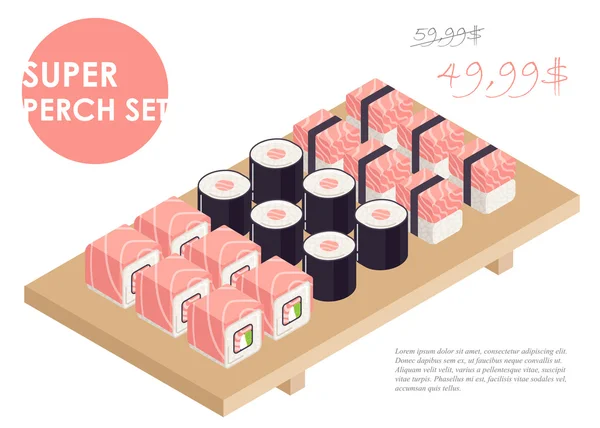 Gran perca sushi set vector isométrico — Vector de stock