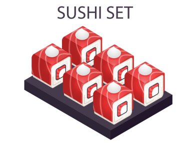 Ton balıklı sushi lix vektör izometrik ayarla