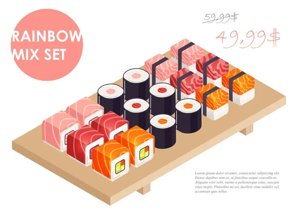 Grande poleiro de atum mistura de salmão sushi conjunto vetor isométrico —  Vetores de Stock