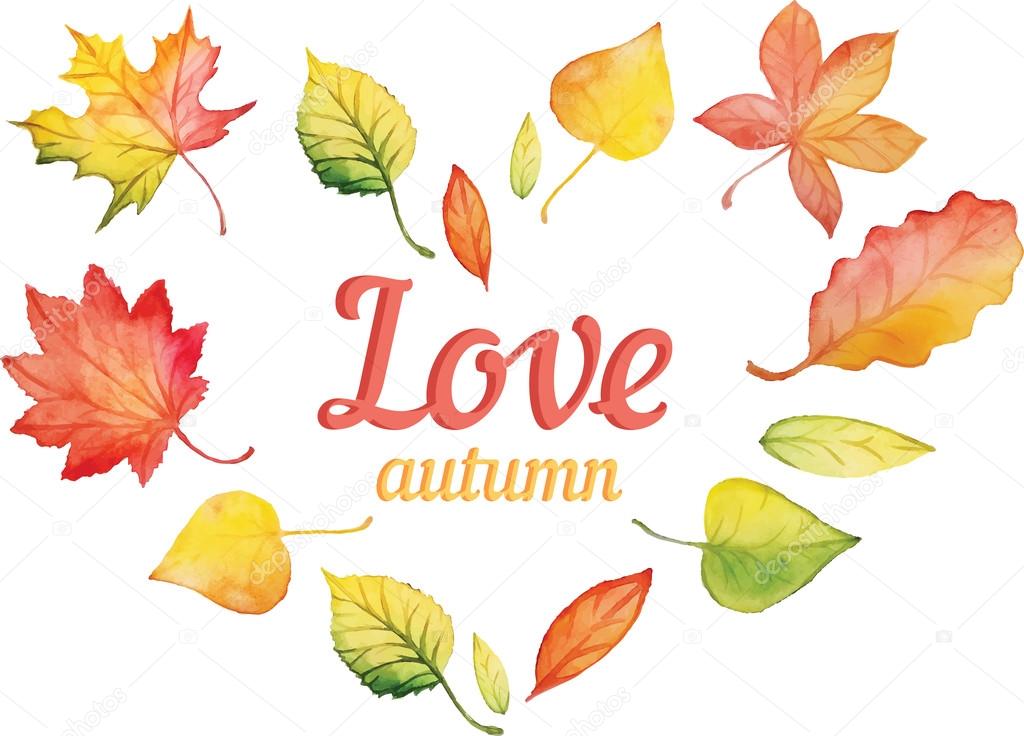 Fallen autumn leaves set by watercolor