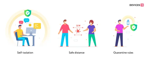 Folk använder prylar. uppsättning ikoner, illustration. Karantän, virus, skydd, medicin.Platt illustration Ikoner infografik. Tryckaffisch för landningssidan. — Stock vektor