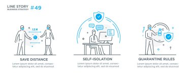 İnsanların resimlendirildiği bir dizi illüstrasyon. Karantina, virüs, koruma, ilaç. Düz illüstrasyon ikonikleri bilgi grafikleri. İniş sayfası baskı posteri.