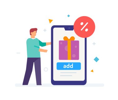 Bir kişi online bir mağazaya başvuru yoluyla bir ürün sipariş eder. İndirim, tatil, yardım. Düz illüstrasyon Simgeleri bilgi grafikleri. İniş sayfası baskı posteri.