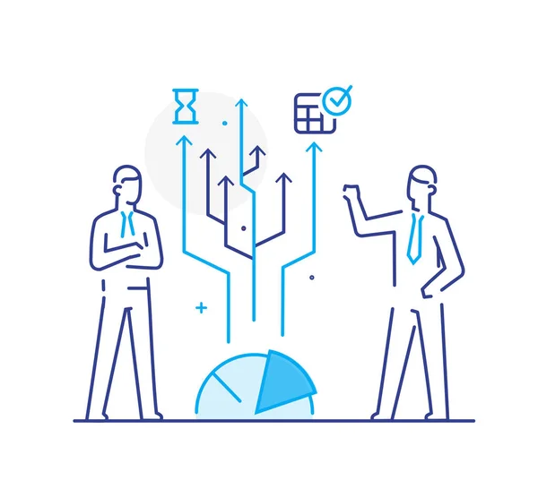 Zakenmensen zijn op zoek naar een financiële strategie. Workflow, groei, grafieken. Bedrijfsontwikkeling, mijlpalen. lineaire illustratie Pictogrammen infographics. Landingspagina print poster — Stockvector