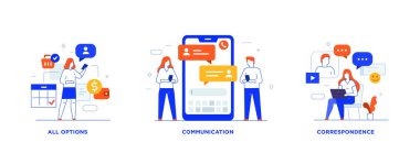 İnsanlar alet kullanır. Bir dizi ikon, illüstrasyon. Smartphone tabletleri kullanıcı arayüzü sosyal medya. Düz illüstrasyon Simgeleri bilgi simgeleri. İniş sayfası baskı posteri.