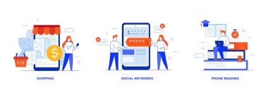 İnsanlar alet kullanır. Bir dizi ikon, illüstrasyon. Smartphone tabletleri kullanıcı arayüzü sosyal medya. Düz illüstrasyon Simgeleri bilgi simgeleri. İniş sayfası baskı posteri.