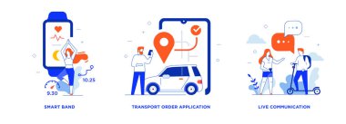 İnsanlar akıllı telefonlar, turizm, spor, spor, spor, sosyal ağlar, ikonlar, illüstrasyon kullanıyor. Smartphone tabletleri kullanıcı arayüzü sosyal medya. Düz illüstrasyon Simgeleri bilgi simgeleri. İniş sayfası
