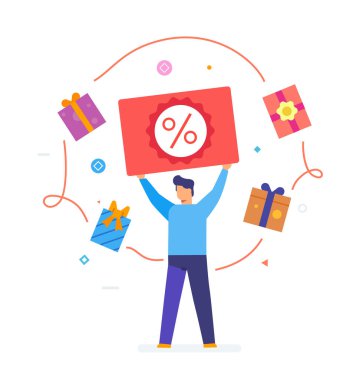 Kız ve erkek indirim kartı alır. İndirim, tatil, yardım. Düz illüstrasyon Simgeleri bilgi grafikleri. İniş sayfası baskı posteri.