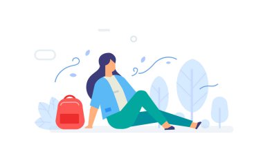 Parkta dinlenen bir kız, turizm, sosyal ağlar, ikonlar, illüstrasyon. Smartphone tabletleri kullanıcı arayüzü sosyal medya. Düz illüstrasyon Simgeleri bilgi simgeleri. İniş sayfası baskısı