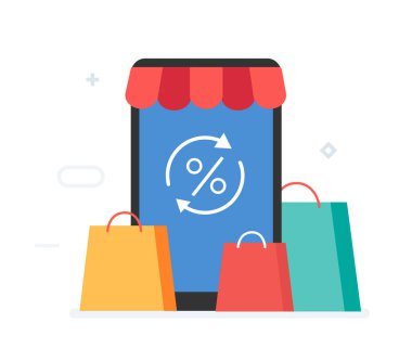 Başvuru, indirimler, promosyon, satış hediyeleri. Smartphone tabletleri kullanıcı arayüzü sosyal medya. Düz illüstrasyon Simgeleri bilgi simgeleri. İniş sayfası baskı posteri.