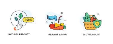 İnsanların resimlendirildiği bir dizi illüstrasyon. Sağlıklı gıda, sağlık, diyet, fitness ilacı. Düz illüstrasyon ikonikleri bilgi grafikleri. İniş sayfası baskı posteri.