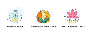 İnsanların resimlendirildiği bir dizi illüstrasyon. Sağlıklı gıda, sağlık, diyet, fitness ilacı. Düz illüstrasyon ikonikleri bilgi grafikleri. İniş sayfası baskı posteri.