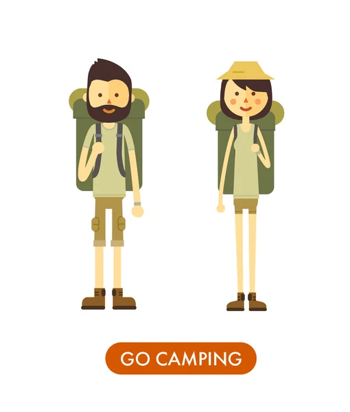 Flat cartoon couple with hiking equipment isolated on white background. — Stock Vector