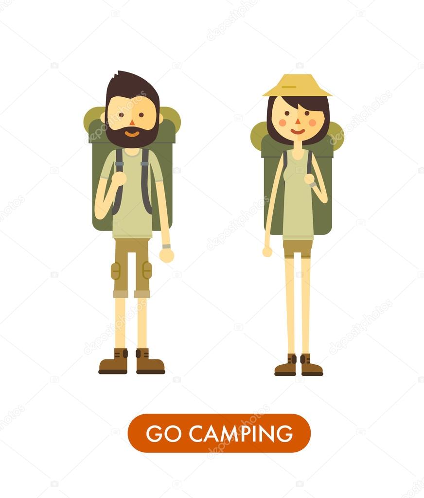 Flat cartoon couple with hiking equipment isolated on white background. 