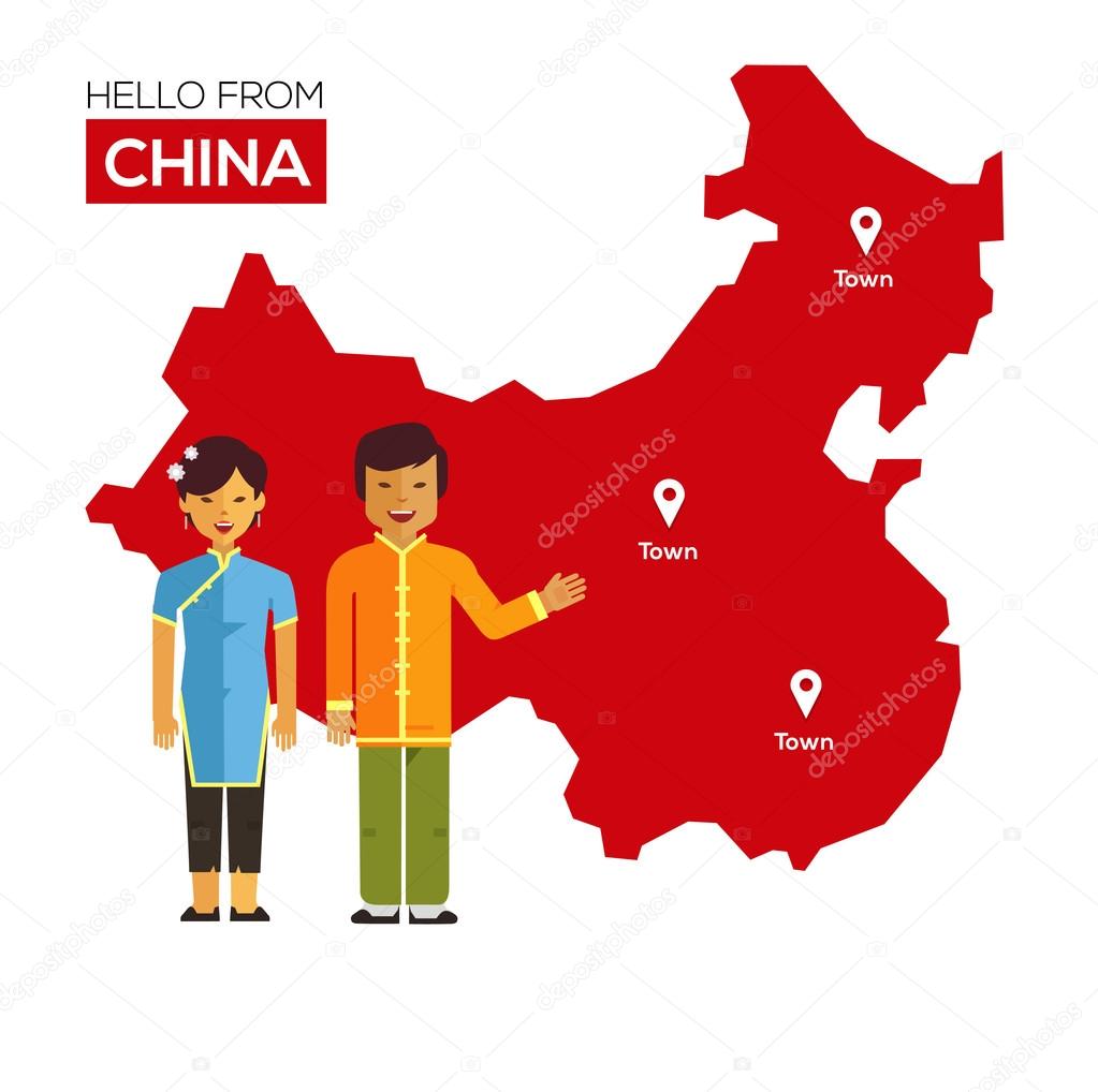 Chinese couple in national costumes on a background map