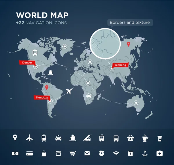 Mapa do mundo com 22 ícones — Vetor de Stock