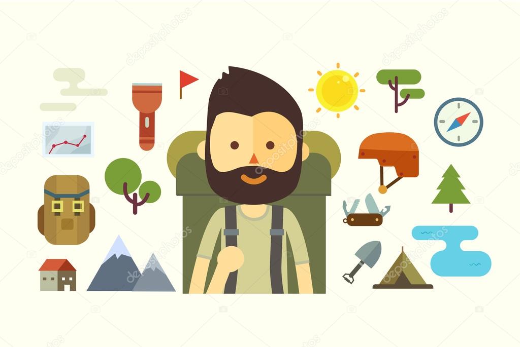 Flat cartoon couple with hiking equipment isolated on white background 