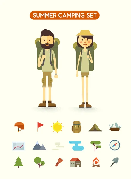 ハイキングの装備は、白い背景で隔離のフラット漫画のカップル — ストックベクタ