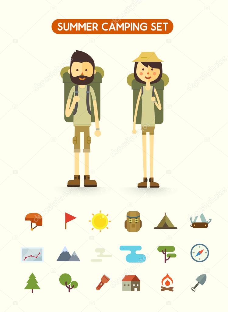 Flat cartoon couple with hiking equipment isolated on white background 