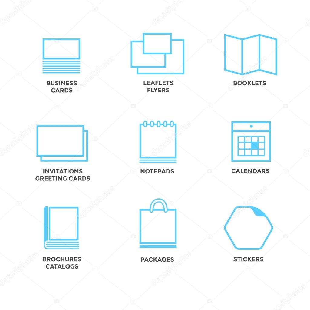 Icons of various print media. Size, format. Business card flyers calendars greeting cards brochures catalogs