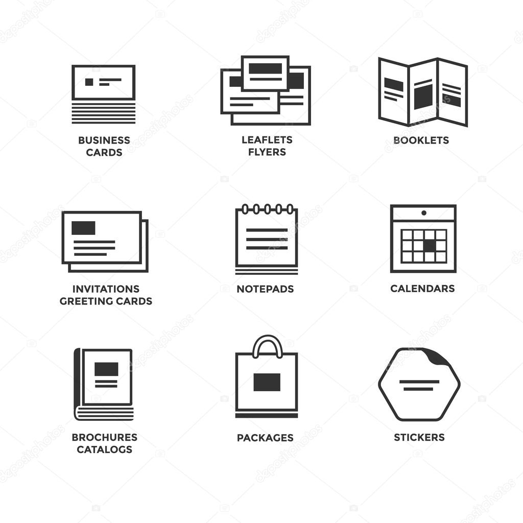 Icons of various print media. Size, format. Business card flyers calendars greeting cards brochures catalogs