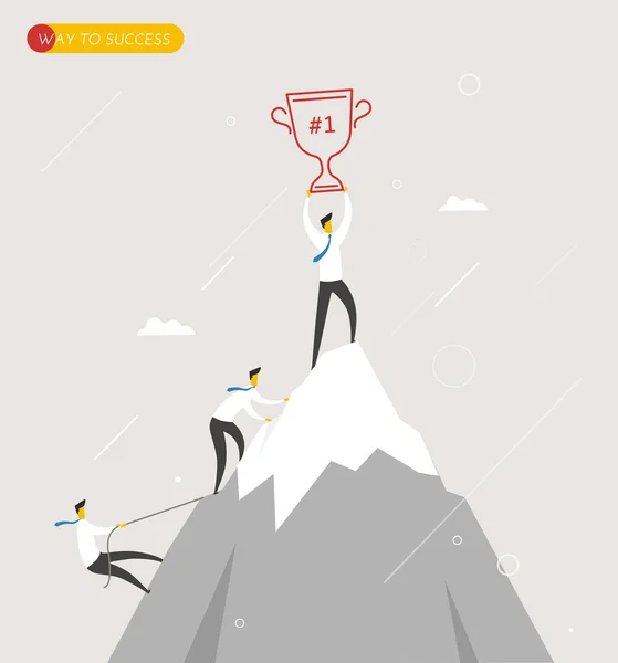 Businessman climbs the mountain, cup in hand. Winning success hard way. — Stock Vector