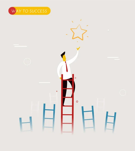 Businessman climbs the stairs to get a star. — Stock Vector