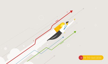 Geleceğe bakan Jetpack ile uçan işadamı.