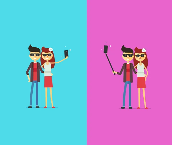 Couple avec selfie stick. Personnages de bande dessinée . — Image vectorielle