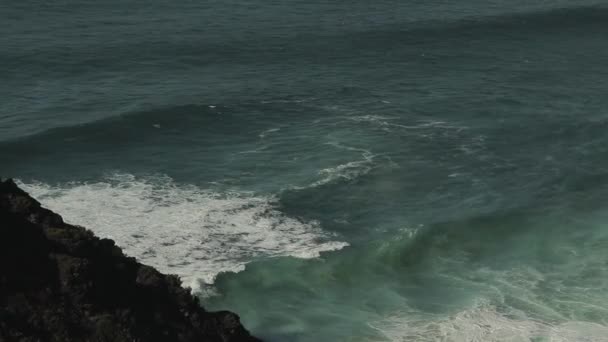 Een persoon rijdt op een golf op een surfplank in het water — Stockvideo